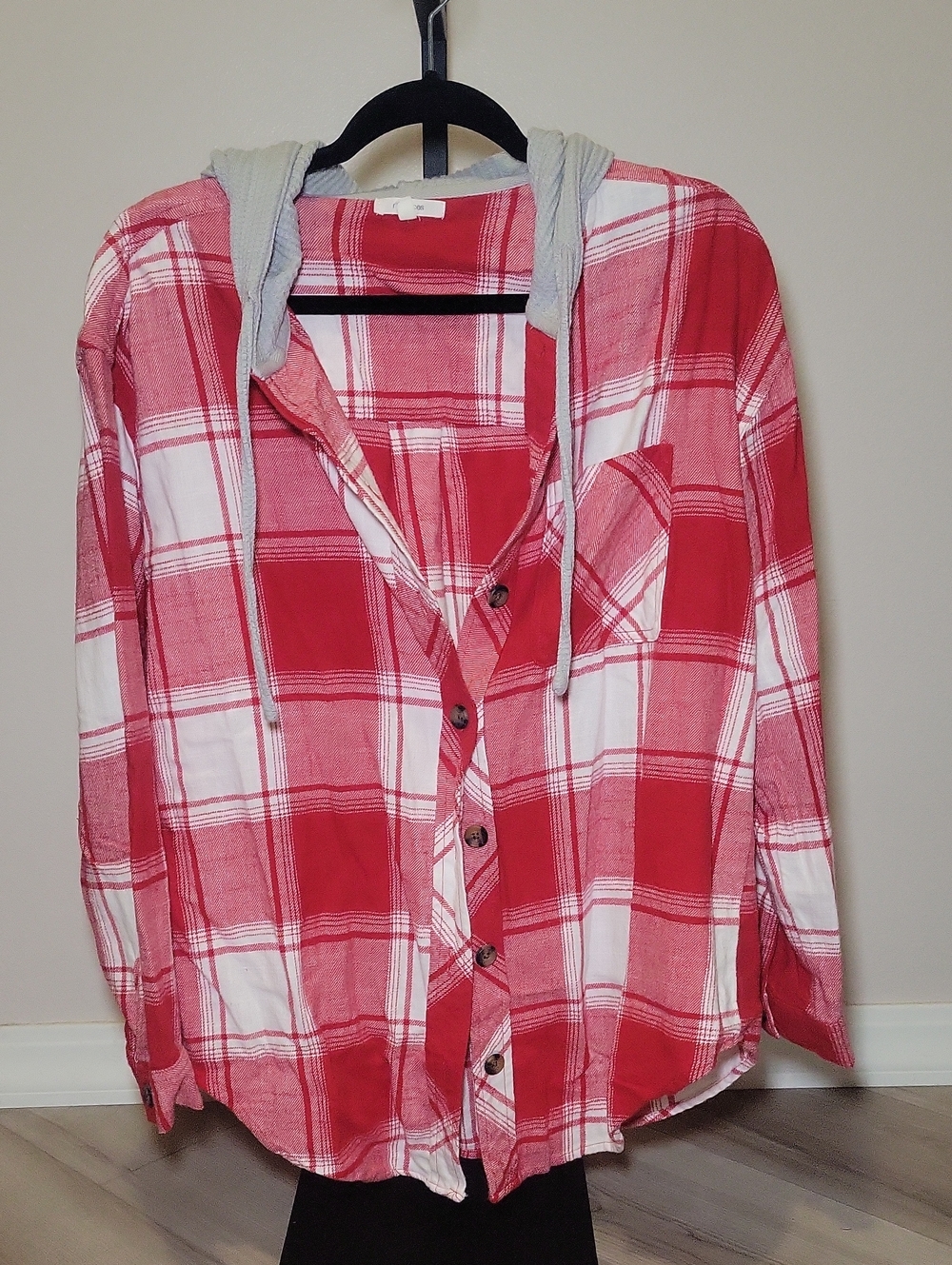 Maurices Red and White Plaid Button-Down Shirt with Gray Hooded Trim
